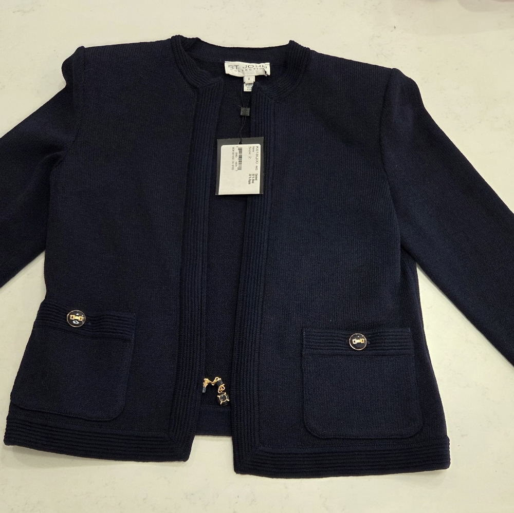 St John Basics Navy Blue Sweater Jacket  Size 2